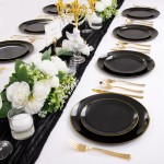 125PCS Black and Gold Plastic Plates - Black Disposable Plates With Gold Rim - Includes 25 Dinner Plates, 25 Dessert Plates, 75 Gold Silverware for Wedding Birthday Party Graduation