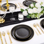 125PCS Black and Gold Plastic Plates - Black Disposable Plates With Gold Rim - Includes 25 Dinner Plates, 25 Dessert Plates, 75 Gold Silverware for Wedding Birthday Party Graduation