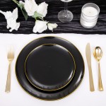 125PCS Black and Gold Plastic Plates - Black Disposable Plates With Gold Rim - Includes 25 Dinner Plates, 25 Dessert Plates, 75 Gold Silverware for Wedding Birthday Party Graduation