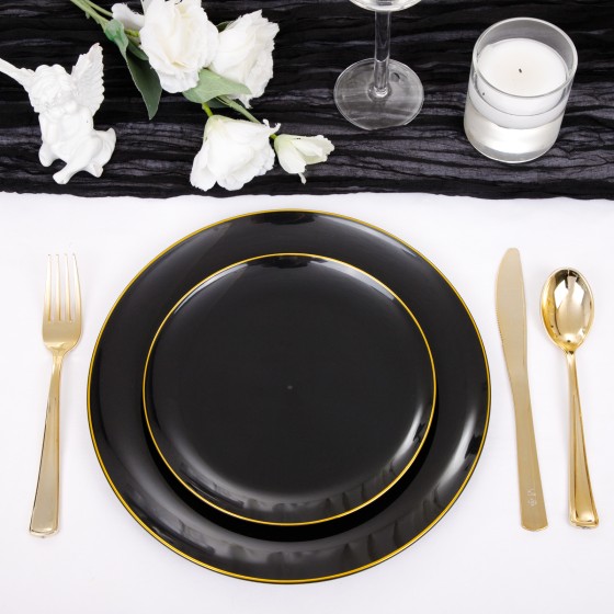 125PCS Black and Gold Plastic Plates - Black Disposable Plates With Gold Rim - Includes 25 Dinner Plates, 25 Dessert Plates, 75 Gold Silverware for Wedding Birthday Party Graduation
