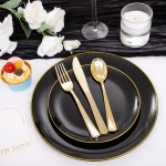 125PCS Black and Gold Plastic Plates - Black Disposable Plates With Gold Rim - Includes 25 Dinner Plates, 25 Dessert Plates, 75 Gold Silverware for Wedding Birthday Party Graduation
