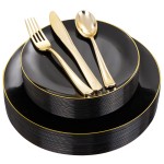 125PCS Black and Gold Plastic Plates - Black Disposable Plates With Gold Rim - Includes 25 Dinner Plates, 25 Dessert Plates, 75 Gold Silverware for Wedding Birthday Party Graduation