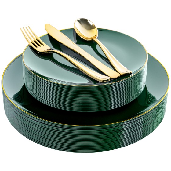 125PCS Green Plastic Plates - Green Disposable Plates With Gold Rim Include 25 Dinner Plate, 25 Dessert Plate, 75 Gold Plastic Silverware for Party Wedding