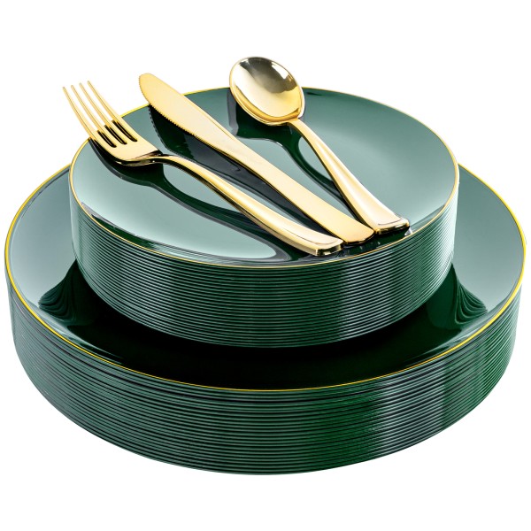 125PCS Green Plastic Plates - Green Disposable Plates With Gold Rim Include 25 Dinner Plate, 25 Dessert Plate, 75 Gold Plastic Silverware for Party Wedding