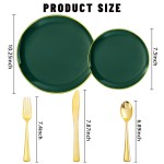 125PCS Green Plastic Plates - Green Disposable Plates With Gold Rim Include 25 Dinner Plate, 25 Dessert Plate, 75 Gold Plastic Silverware for Party Wedding