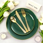 125PCS Green Plastic Plates - Green Disposable Plates With Gold Rim Include 25 Dinner Plate, 25 Dessert Plate, 75 Gold Plastic Silverware for Party Wedding
