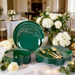 125PCS Green Plastic Plates - Green Disposable Plates With Gold Rim Include 25 Dinner Plate, 25 Dessert Plate, 75 Gold Plastic Silverware for Party Wedding
