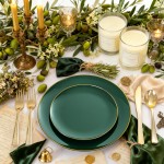 125PCS Green Plastic Plates - Green Disposable Plates With Gold Rim Include 25 Dinner Plate, 25 Dessert Plate, 75 Gold Plastic Silverware for Party Wedding