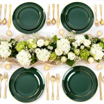 125PCS Green Plastic Plates - Green Disposable Plates With Gold Rim Include 25 Dinner Plate, 25 Dessert Plate, 75 Gold Plastic Silverware for Party Wedding