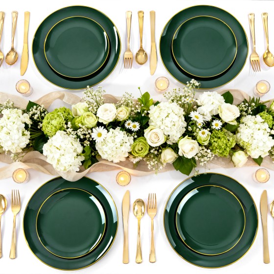 125PCS Green Plastic Plates - Green Disposable Plates With Gold Rim Include 25 Dinner Plate, 25 Dessert Plate, 75 Gold Plastic Silverware for Party Wedding