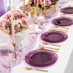 125PCS Purple Plastic Plates - Purple Disposable Plates With Gold Rim - Include 50 Dinner & Dessert Plate, 75 Gold Cutlery Perfect for Wedding Parties & Party