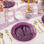 125PCS Purple Plastic Plates - Purple Disposable Plates With Gold Rim - Include 50 Dinner & Dessert Plate, 75 Gold Cutlery Perfect for Wedding Parties & Party