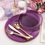 125PCS Purple Plastic Plates - Purple Disposable Plates With Gold Rim - Include 50 Dinner & Dessert Plate, 75 Gold Cutlery Perfect for Wedding Parties & Party