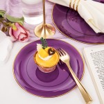125PCS Purple Plastic Plates - Purple Disposable Plates With Gold Rim - Include 50 Dinner & Dessert Plate, 75 Gold Cutlery Perfect for Wedding Parties & Party
