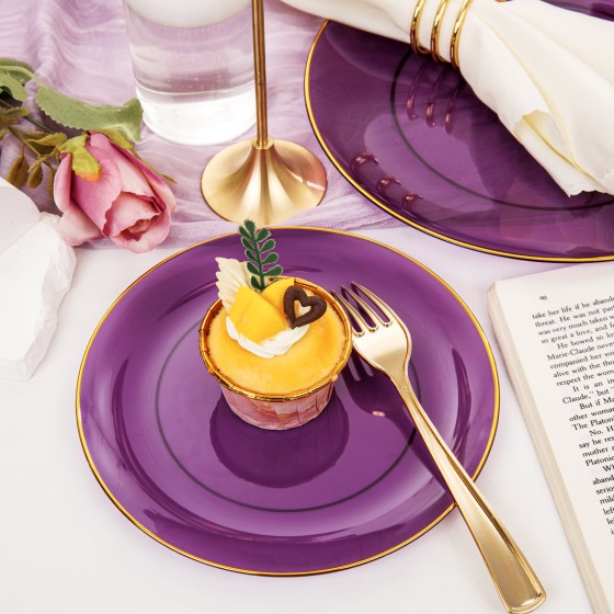125PCS Purple Plastic Plates - Purple Disposable Plates With Gold Rim - Include 50 Dinner & Dessert Plate, 75 Gold Cutlery Perfect for Wedding Parties & Party