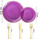 125PCS Purple Plastic Plates - Purple Disposable Plates With Gold Rim - Include 50 Dinner & Dessert Plate, 75 Gold Cutlery Perfect for Wedding Parties & Party
