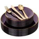 125PCS Purple Plastic Plates - Purple Disposable Plates With Gold Rim - Include 50 Dinner & Dessert Plate, 75 Gold Cutlery Perfect for Wedding Parties & Party