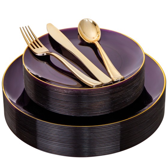 125PCS Purple Plastic Plates - Purple Disposable Plates With Gold Rim - Include 50 Dinner & Dessert Plate, 75 Gold Cutlery Perfect for Wedding Parties & Party