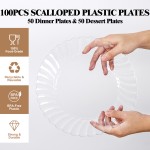 YOUBET 100PCS Clear Scalloped Plastic Plates - Heavy Duty Clear Disposable Plates, Fancy Hard Scalloped Plates Include 50 Dinner Plate, 50 Dessert Plate, for Wedding & Party