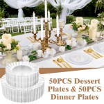 YOUBET 100PCS Clear Scalloped Plastic Plates - Heavy Duty Clear Disposable Plates, Fancy Hard Scalloped Plates Include 50 Dinner Plate, 50 Dessert Plate, for Wedding & Party