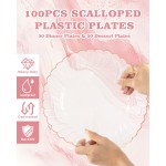 YOUBET 100PCS Rose Gold Plastic Plates - Heavy Duty Scalloped Disposable Plates Include 50 Dinner Plate, 50 Dessert Plate for Wedding & Baby Shower & Party