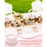 YOUBET 100PCS Rose Gold Plastic Plates - Heavy Duty Scalloped Disposable Plates Include 50 Dinner Plate, 50 Dessert Plate for Wedding & Baby Shower & Party