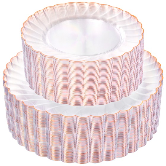 YOUBET 100PCS Rose Gold Plastic Plates - Heavy Duty Scalloped Disposable Plates Include 50 Dinner Plate, 50 Dessert Plate for Wedding & Baby Shower & Party
