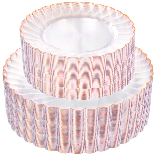 YOUBET 100PCS Rose Gold Plastic Plates - Heavy Duty Scalloped Disposable Plates Include 50 Dinner Plate, 50 Dessert Plate for Wedding & Baby Shower & Party