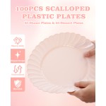 YOUBET 100PCS Pink Scalloped Plastic Plates - Heavy Duty Pink Disposable Fancy Hard Plates Include 50 Dinner Plate, 50 Dessert Plate, for Wedding & Party