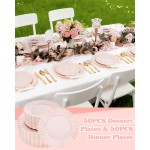 YOUBET 100PCS Pink Scalloped Plastic Plates - Heavy Duty Pink Disposable Fancy Hard Plates Include 50 Dinner Plate, 50 Dessert Plate, for Wedding & Party