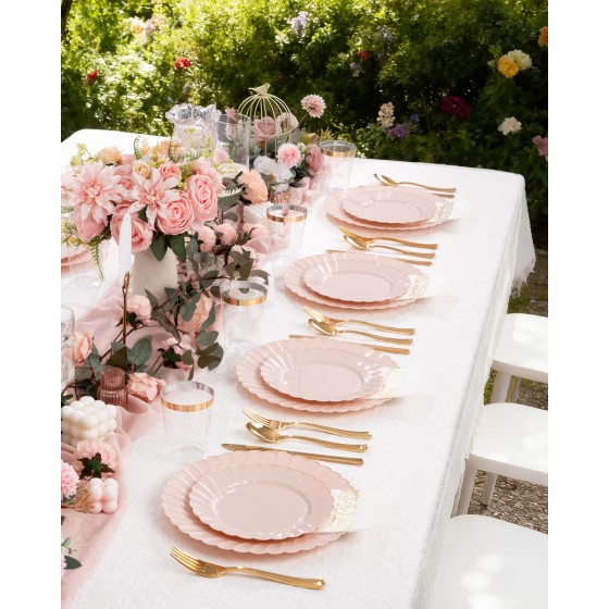 YOUBET 100PCS Pink Scalloped Plastic Plates - Heavy Duty Pink Disposable Fancy Hard Plates Include 50 Dinner Plate, 50 Dessert Plate, for Wedding & Party