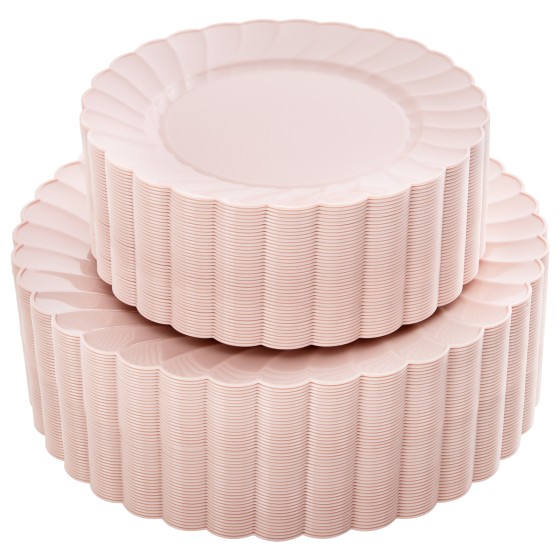 YOUBET 100PCS Pink Scalloped Plastic Plates - Heavy Duty Pink Disposable Fancy Hard Plates Include 50 Dinner Plate, 50 Dessert Plate, for Wedding & Party