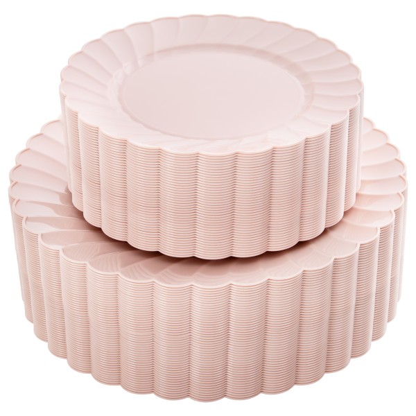 YOUBET 100PCS Pink Scalloped Plastic Plates - Heavy Duty Pink Disposable Fancy Hard Plates Include 50 Dinner Plate, 50 Dessert Plate, for Wedding & Party