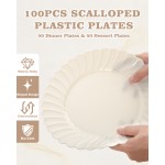 YOUBET 100PCS Ivory Scalloped Plastic Plates - Heavy Duty Disposable Fancy Hard Plates Include 50 Dinner Plate, 50 Dessert Plate, for Wedding & Party