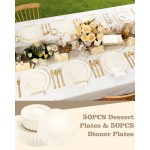 YOUBET 100PCS Ivory Scalloped Plastic Plates - Heavy Duty Disposable Fancy Hard Plates Include 50 Dinner Plate, 50 Dessert Plate, for Wedding & Party