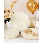 YOUBET 100PCS Ivory Scalloped Plastic Plates - Heavy Duty Disposable Fancy Hard Plates Include 50 Dinner Plate, 50 Dessert Plate, for Wedding & Party