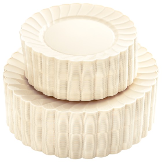 YOUBET 100PCS Ivory Scalloped Plastic Plates - Heavy Duty Disposable Fancy Hard Plates Include 50 Dinner Plate, 50 Dessert Plate, for Wedding & Party