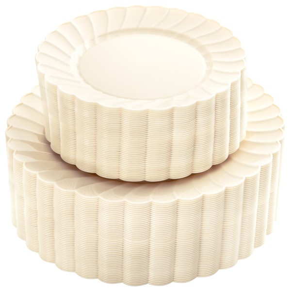 YOUBET 100PCS Ivory Scalloped Plastic Plates - Heavy Duty Disposable Fancy Hard Plates Include 50 Dinner Plate, 50 Dessert Plate, for Wedding & Party