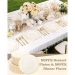 YOUBET 100PCS Ivory Scalloped Plastic Plates - Heavy Duty Gold Disposable Fancy Hard Plates Include 50 Dinner Plate, 50 Dessert Plate, for Wedding & Party