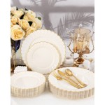 YOUBET 100PCS Ivory Scalloped Plastic Plates - Heavy Duty Gold Disposable Fancy Hard Plates Include 50 Dinner Plate, 50 Dessert Plate, for Wedding & Party