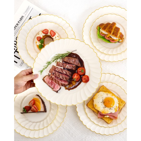 YOUBET 100PCS Ivory Scalloped Plastic Plates - Heavy Duty Gold Disposable Fancy Hard Plates Include 50 Dinner Plate, 50 Dessert Plate, for Wedding & Party