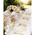 YOUBET 100PCS Ivory Scalloped Plastic Plates - Heavy Duty Gold Disposable Fancy Hard Plates Include 50 Dinner Plate, 50 Dessert Plate, for Wedding & Party