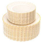 YOUBET 100PCS Ivory Scalloped Plastic Plates - Heavy Duty Gold Disposable Fancy Hard Plates Include 50 Dinner Plate, 50 Dessert Plate, for Wedding & Party