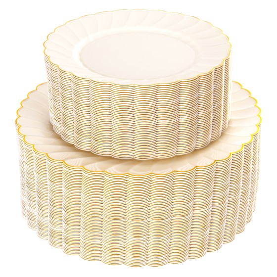 YOUBET 100PCS Ivory Scalloped Plastic Plates - Heavy Duty Gold Disposable Fancy Hard Plates Include 50 Dinner Plate, 50 Dessert Plate, for Wedding & Party