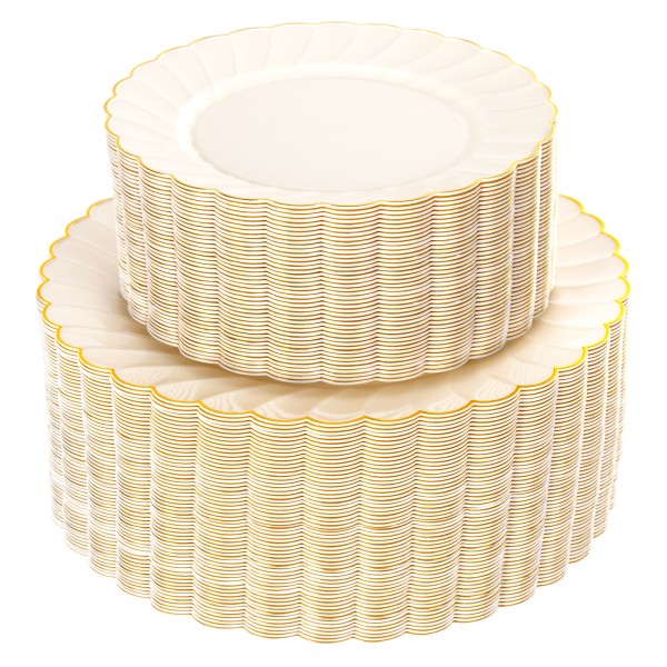 YOUBET 100PCS Ivory Scalloped Plastic Plates - Heavy Duty Gold Disposable Fancy Hard Plates Include 50 Dinner Plate, 50 Dessert Plate, for Wedding & Party