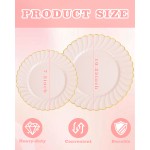 YOUBET 100PCS Pink Scalloped Plastic Plates - Heavy Duty Gold Disposable Fancy Hard Plates Include 50 Dinner Plate, 50 Dessert Plate, for Wedding & Party