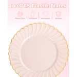 YOUBET 100PCS Pink Scalloped Plastic Plates - Heavy Duty Gold Disposable Fancy Hard Plates Include 50 Dinner Plate, 50 Dessert Plate, for Wedding & Party
