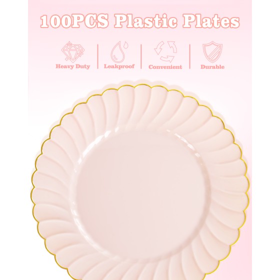 YOUBET 100PCS Pink Scalloped Plastic Plates - Heavy Duty Gold Disposable Fancy Hard Plates Include 50 Dinner Plate, 50 Dessert Plate, for Wedding & Party