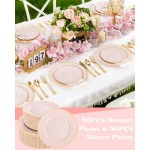 YOUBET 100PCS Pink Scalloped Plastic Plates - Heavy Duty Gold Disposable Fancy Hard Plates Include 50 Dinner Plate, 50 Dessert Plate, for Wedding & Party