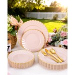YOUBET 100PCS Pink Scalloped Plastic Plates - Heavy Duty Gold Disposable Fancy Hard Plates Include 50 Dinner Plate, 50 Dessert Plate, for Wedding & Party